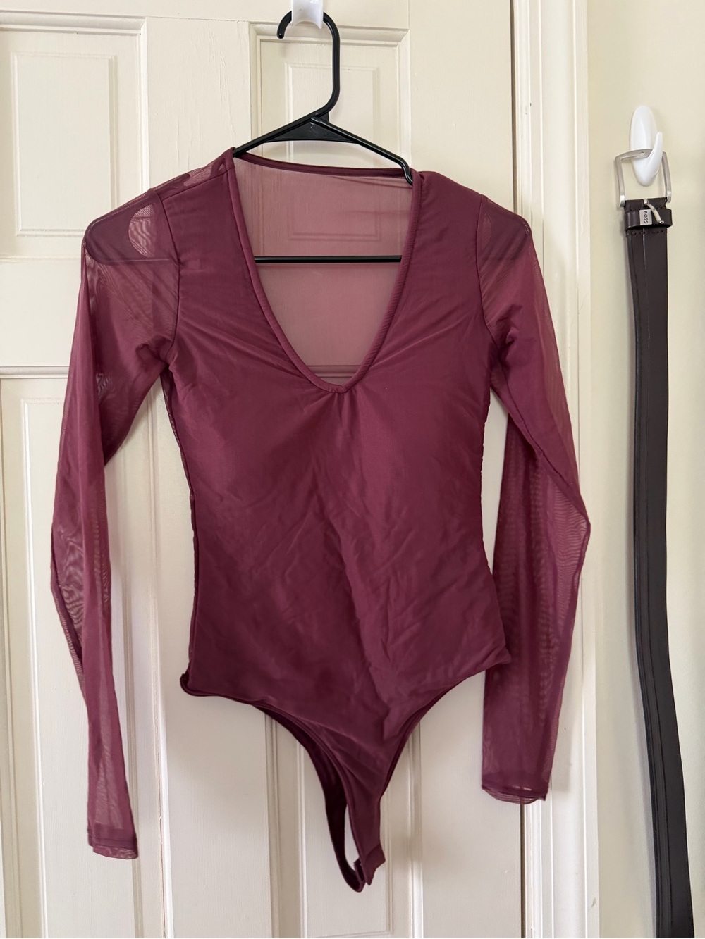 Klassy Network Burgundy Sheer V-Neck Long Sleeve Bodysuit
